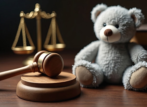 Gavel, scales of justice, and teddy bear representing child custody matters